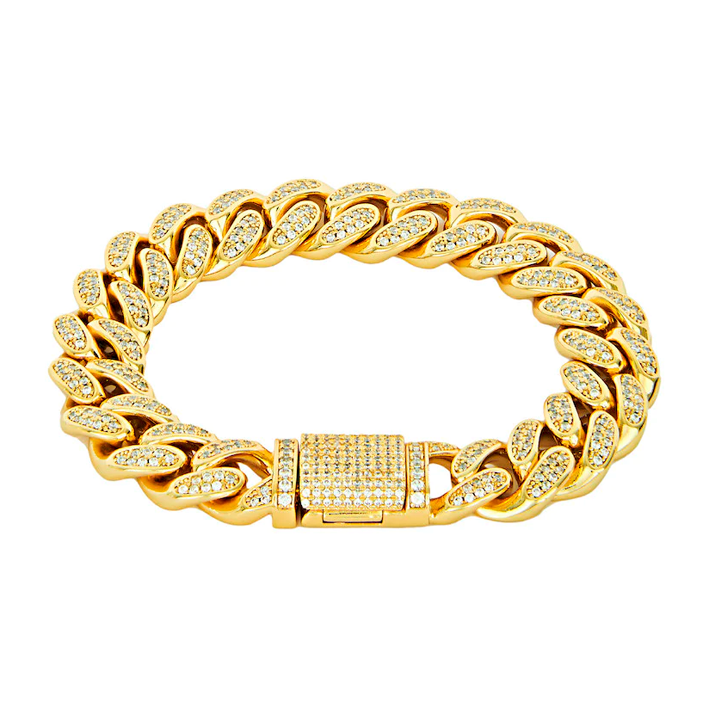 Pulseira Miami Cuban Link de 12mm com cristais de zircônia, em ouro, oferecendo um design luxuoso e elegante.