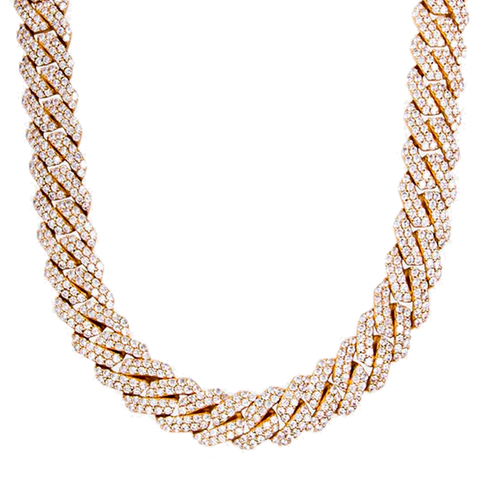 Corrente Diamond Prong Link de 19mm em ouro, com diamantes incrustados para um toque de luxo e sofisticação.