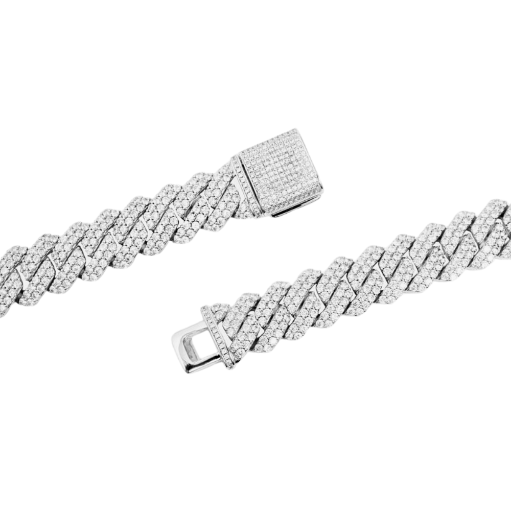 Detalhe da corrente 19mm Diamond Prong Link em ouro branco, joalharia de luxo.