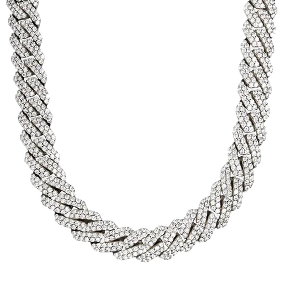 Corrente Diamond Prong Link de 19mm em ouro branco, design luxuoso com diamantes prontos para brilhar.