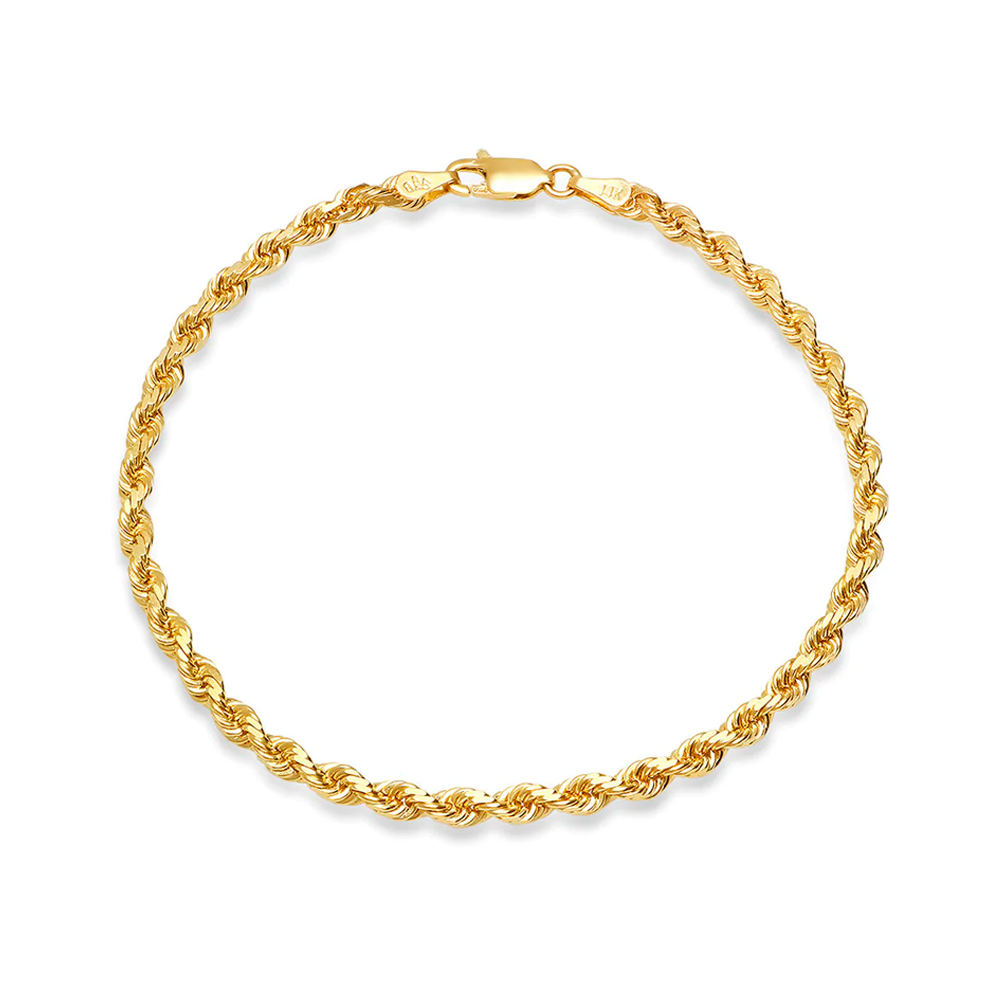 Pulseira de corda de 3mm em ouro, com design elegante e atemporal, perfeita para adicionar um toque de sofisticação ao seu estilo.